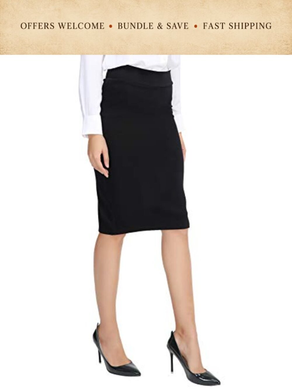 Women's Elastic Waist Stretch Bodycon Midi Pencil Skirt Fitted Pull On